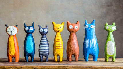 Colorful hand painted wooden cat figurines standing on a shelf