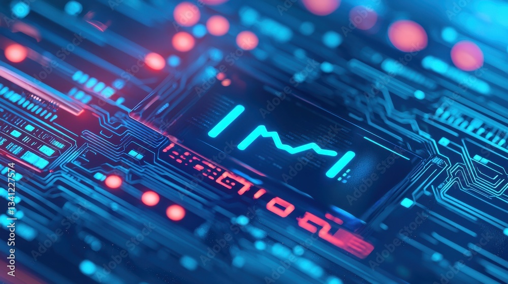 Poster blue and red circuit board design with data visualization elements