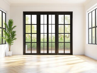 A large window with a plant in a white vase. The window is open and the room is empty