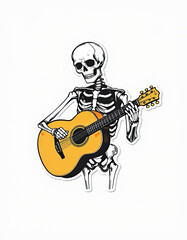 Skeleton man playing guitar