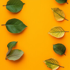 Creative layout made with leaves on bright orange background 