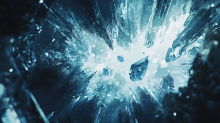 Naklejka premium Celestial Ice Cavern: Drifting Crystals in a Frozen Realm of Weightlessness