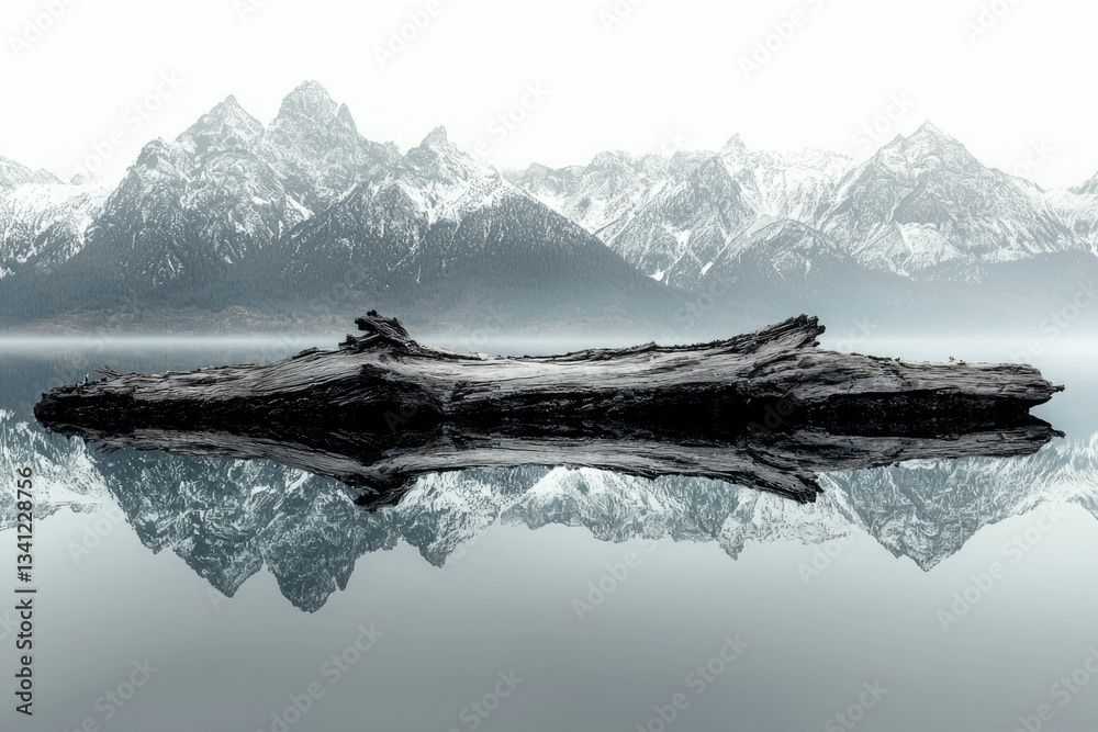 Poster A large, dark log rests on a calm lake, mirroring snow-capped mountains in the background. Serene winter landscape.