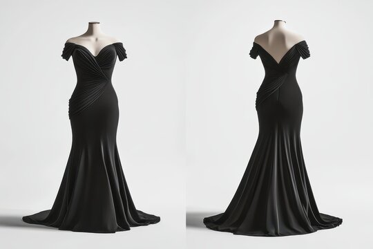 Front and back views of an elegant black off-shoulder maxi dress mockup, formal evening gown display for fashion design and apparel branding