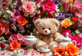 A fluffy teddy bear sits amidst a charming floral arrangement at a miniature tea party, picnic, holiday