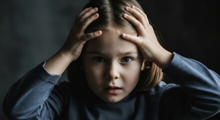 Anxious caucasian female child holding head thoughtful expression close-up