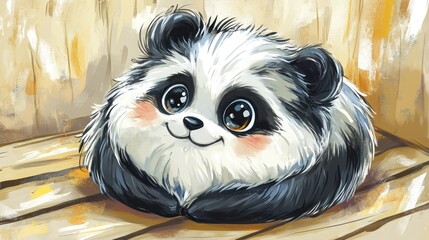 Fototapeta premium Cute panda cub resting on wooden floor