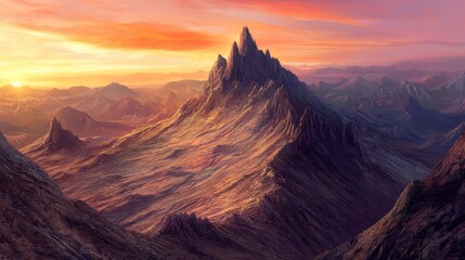 Naklejka premium Magnificent Sunset over Rugged Mountain Peaks Displaying Warm Hues and Dramatic Shadows