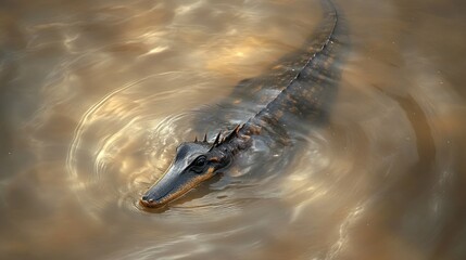 Young alligator swimming in murky water