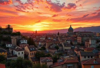 Aged map, sunset hues paint historic cityscape panorama, shadow,  city