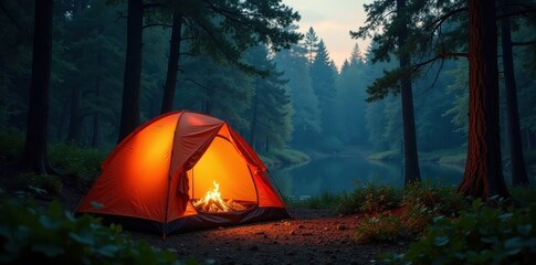 Open camping tent, firelight illuminates lush forest, bonfire, cozy, glow