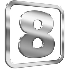 Number Eight 3D icon with silver metallic effect in a square with modern design
