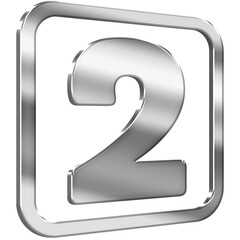 Number Two 3D icon with silver metallic effect in a square with modern design