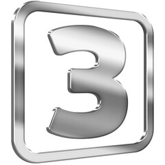 Number Three 3D icon with silver metallic effect in a square with modern design
