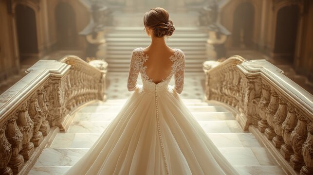 A bride in a stunning lace gown gracefully descends a beautifully crafted marble staircase in a historical location lit by warm afternoon sunlight, creating a dreamy atmosphere. - Powered by Adobe