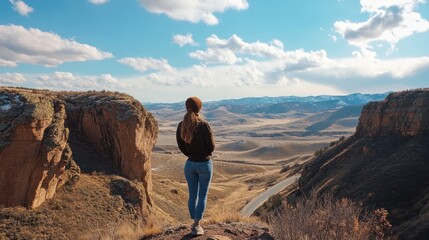 Fototapeta premium Woman Contemplating Expansive Vista of Rugged Mountainous Terrain Underneath Sky