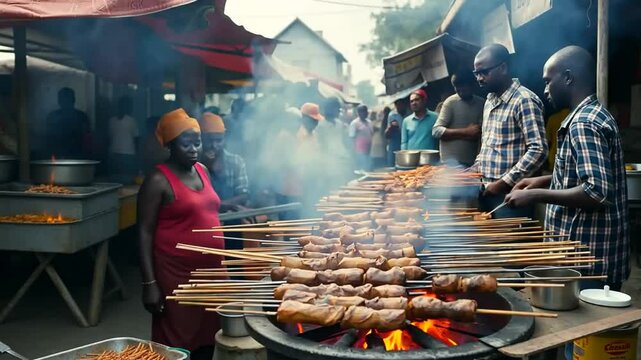 Smoky Street Food Market in Accra: Grilled Meat Skewers & Bustling Crowd