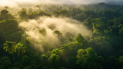 Lush tropical rainforest canopy with sunbeams piercing through the mist