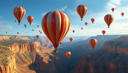 Obraz premium Vibrant hot air balloons soaring over majestic canyon landscapes with copy space