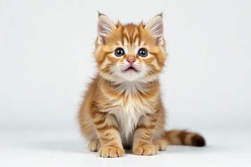 Playful Scottish Straight kitten, white background, fluffy fur, curious gaze, cute, purebred
