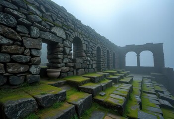 Ancient stone ruins shrouded in early morning mist, textures, civilization