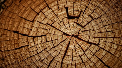 Fototapeta premium Close-up view of a weathered tree cross-section, revealing intricate radial cracks and concentric growth rings