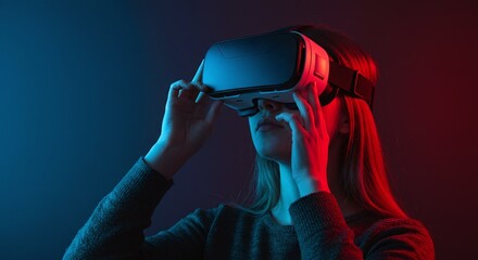 Fototapeta premium Immersed in Virtual Reality: A person is fully engaged, wearing a VR headset, exploring a captivating digital realm under a dynamic red and blue lighting scheme.