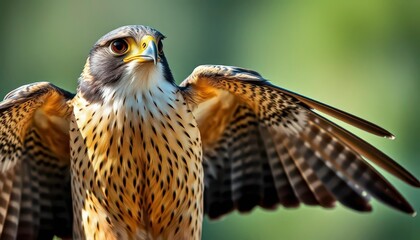 Fototapeta premium A peregrine falcon, eyes locked on prey, wings poised, wingspan, hunting bird