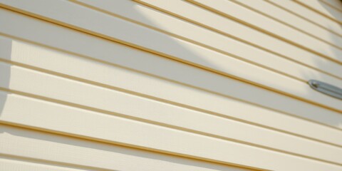 Obraz premium Cream-colored horizontal siding with subtle wood grain texture, showing the pattern and shadows on a sunny day