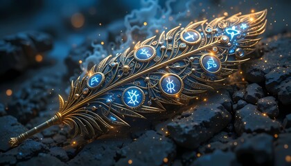 Enchanted Feather of Arcane Runes, Illuminating Ancient Symbols Amidst Mystical Stone Ruins.