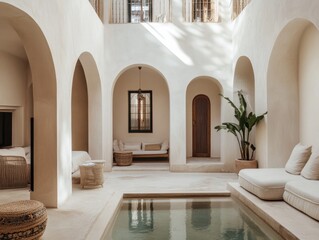 A large open space with a pool and a few couches. The pool is surrounded by a white wall