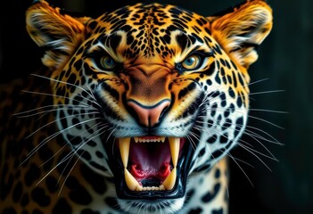 A snarling leopard, fangs bared, eyes blazing, in a dramatic close-up portrait, threatening,  apex predator