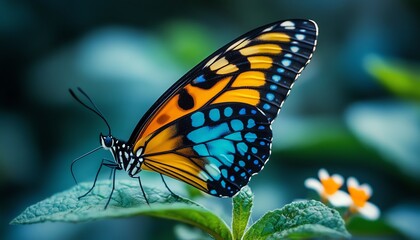 Fototapeta premium Closeup butterfly its wings spread out has beautiful Very beautiful blue yellow