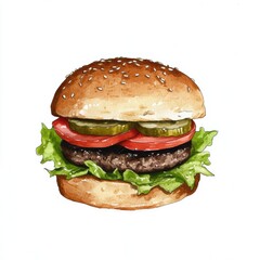 Delicious hand-drawn burger illustration, showcasing a classic beef patty, fresh toppings, and a toasted bun