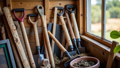 Variety of gardening tools by window in a cozy wooden shed