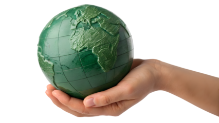hand holding green globe isolated on white