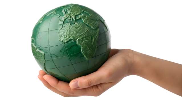 hand holding green globe isolated on white