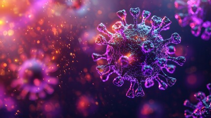Virus particle with purple spikes and red glow on dark background. Microscopic pathogen structure with vibrant molecular design. Scientific illustration with neon color tones.