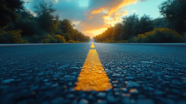 Asphalt Road Leading to Vibrant Sunset Landscape