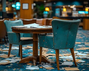 Cozy cafe interior with abandoned table and chairs