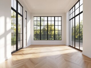 Obraz premium A large room with a lot of windows and a wooden floor. The room is empty and has a lot of natural light coming in from the windows