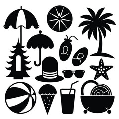 Various Summer Icon Set - Black Silhouette Vector Illustration