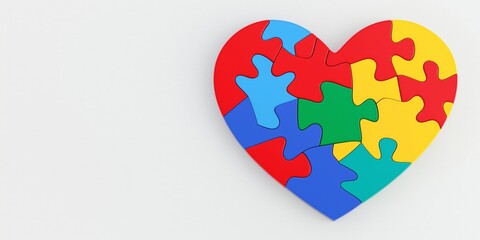 Colorful puzzle pieces in heart shape with red blue yellow green tones. Symbolic unity design with interlocking segments. Abstract love concept with vibrant mosaic pattern.