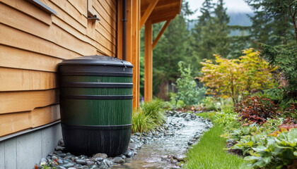 Naklejka premium Rain barrel is mounted on the side of a wooden house, collecting water for the garden. Lush vegetation and stones line the area, enhancing the natural beauty and sustainability