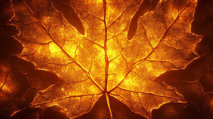stunning maple leaf illuminated with warm, glowing hues, showcasing intricate veins and textures, evokes sense of autumn beauty