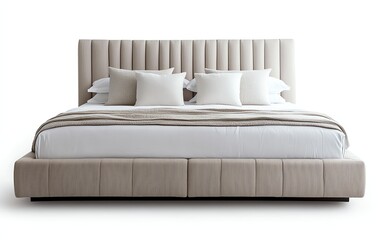Modern bedroom large bed center has white upholstered platform isolated