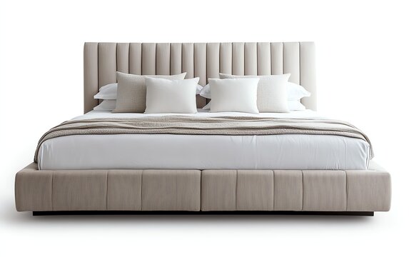 Modern bedroom large bed center has white upholstered platform isolated