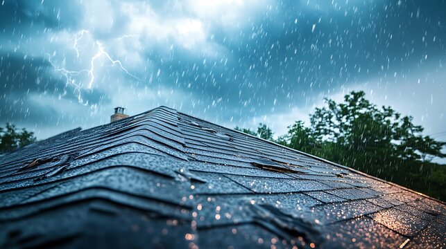 Damaged roof during a severe thunderstorm with lightning and heavy rain.