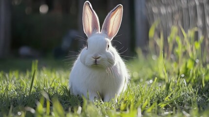 White rabbit sitting garden, sunlit background, pet