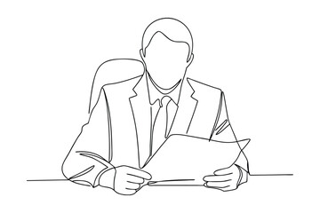 Businessman reviewing documents at desk, single line art drawing